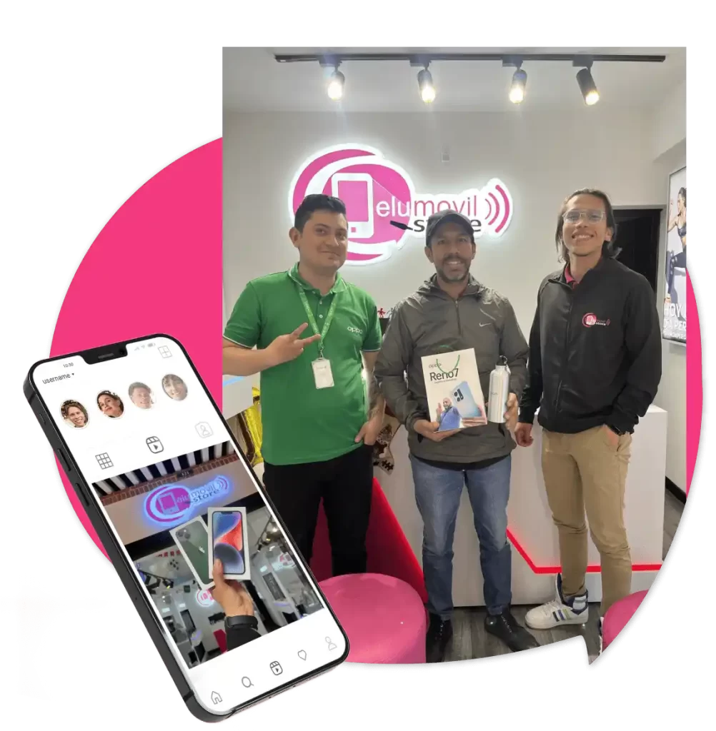 Sobre nosotros, sobre Celumovil Store atendiendo a clientes, realizando compras, teniendo un alto nivel de satisfacción, con celular nuevo