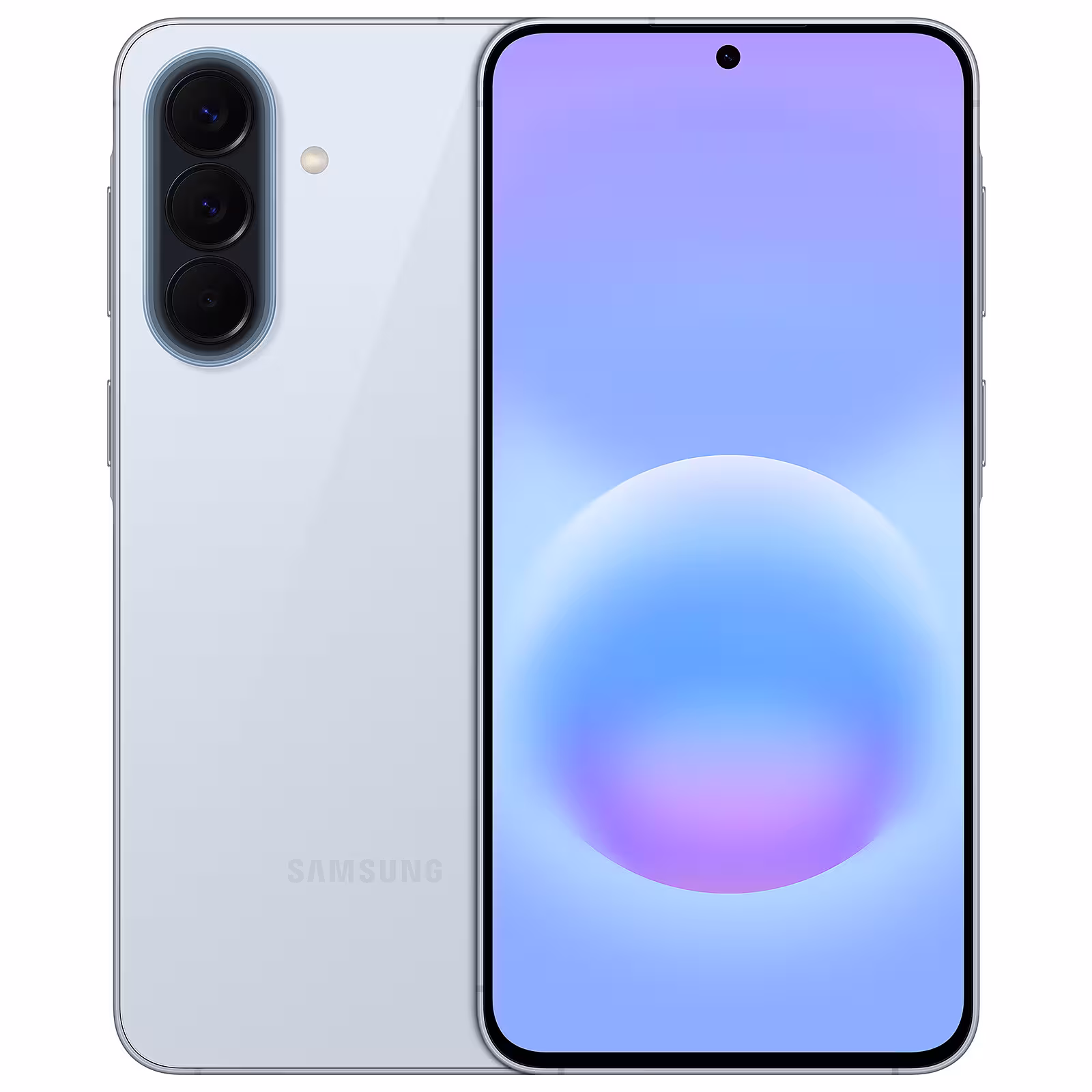 Diseño Frontal y Trasero del Galaxy A57 Azul Claro Smartphone Samsung Galaxy A57 azul claro exhibiendo diseño frontal y parte posterior simultáneamente.