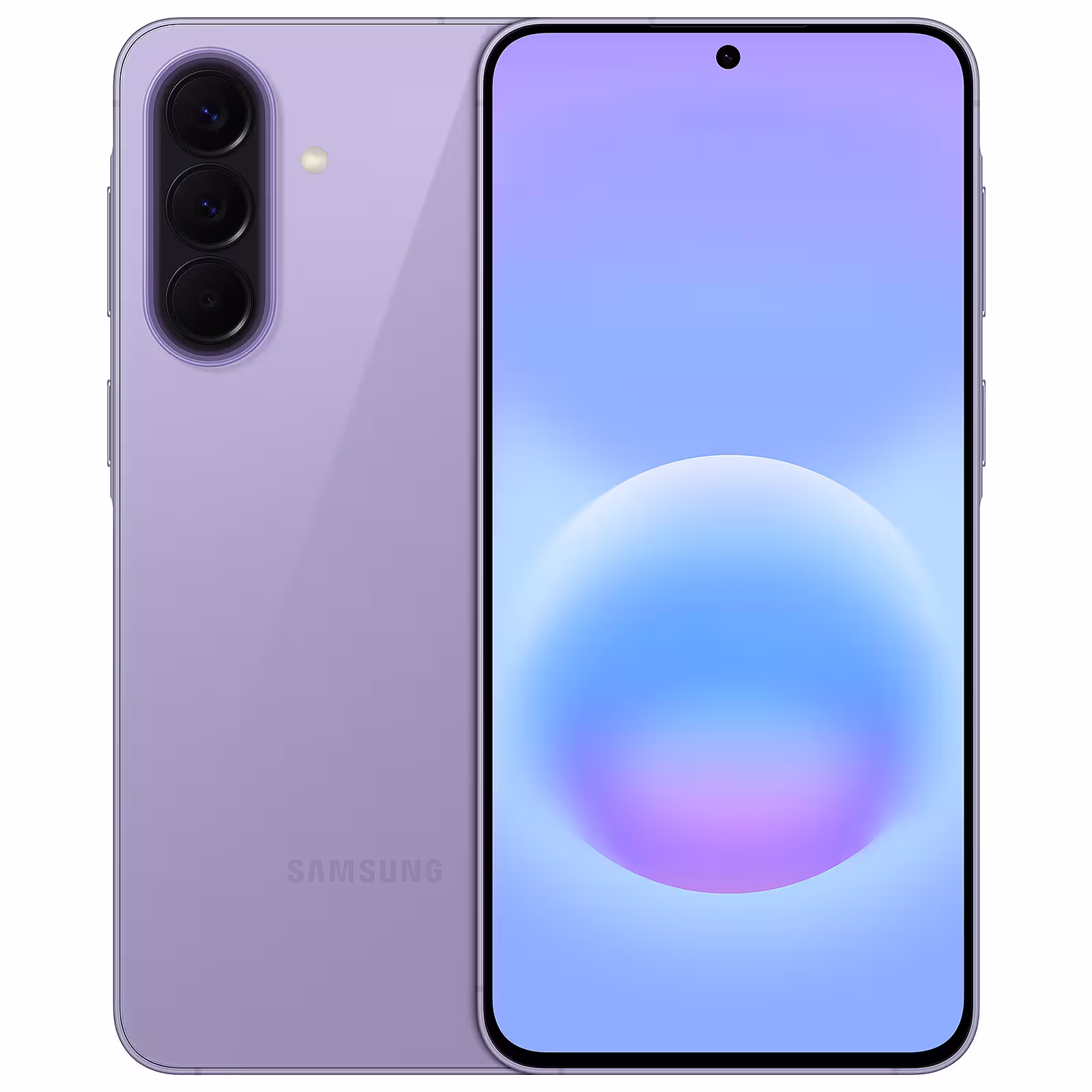 Frontal y Posterior del Galaxy A57 Lila Diseño completo del Samsung Galaxy A57 color lila mostrando su pantalla frontal y sus tres cámaras traseras.
